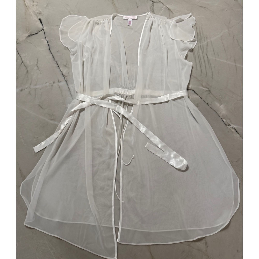 Oscar de la Renta Pink Label White Sheer Babydoll Lingerie Set with Robe Lg #179 - Picture 11 of 15